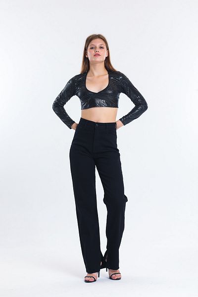 SHEVEGA Blugi boyfriend negri cu talie înaltă din lycra cu picior lat Blugi de damă cu tăietură lată