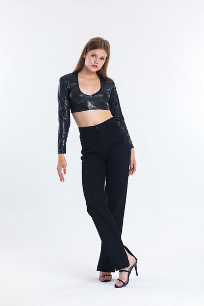 SHEVEGA Blugi boyfriend negri cu talie înaltă din lycra cu picior lat Blugi de damă cu tăietură lată