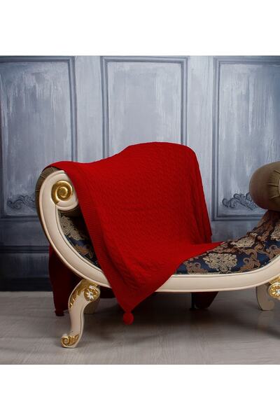 Genel Markalar Lale 10 Ponponlu Triko Örgülü Tv Battaniyesi Kırmızı -bacak Şalı-