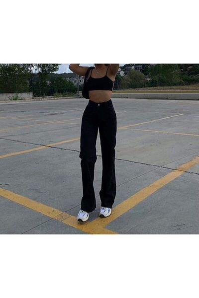Trn JNS Blugi negri cu talie înaltă casual cu picior lat din Lycra