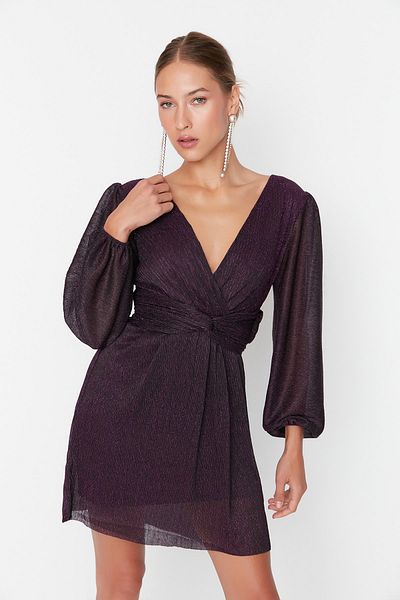 Trendyol Collection Kurzes Abendkleid aus Strick - Lila Ärmeldetail TPRAW23EL00301