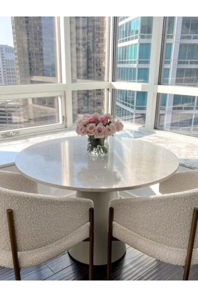 Evka Woven Gri Yemek Masası Beyaz Mermer, Mutfak Masası