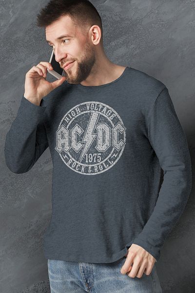 ROCKANDROLL Ανδρικό χτενισμένο βαμβακερό μπλουζάκι Acdc Crew Neck μακρυμάνικο Anthracite στο διαμέρισμα