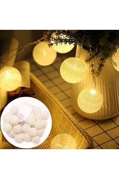Huzur Party Store سلاسل كرات قطنية لعيد رمضان - بطول 2 متر و10 كرات تعمل بالبطارية مع ضوء LED أصفر