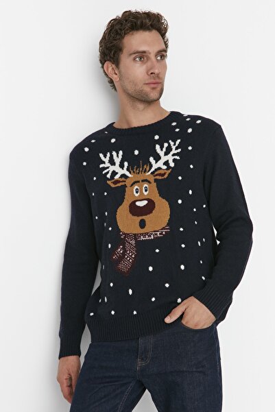 Trendyol Collection Sötétkék uniszex normál szabású gyapjú nyakú szarvas mintás karácsonyi kötöttáru pulóver TMNAW23KZ00224