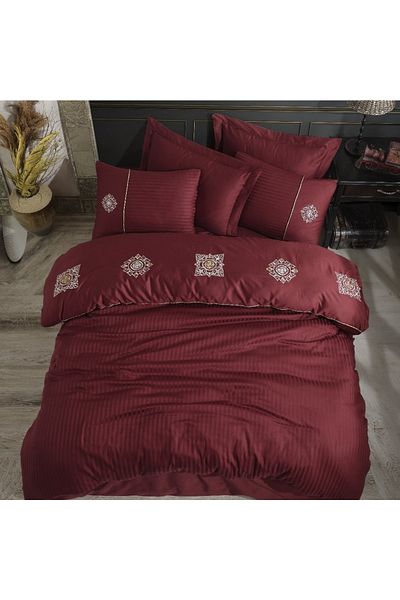 Hobby Double Embroidered Satin Duvet Cover Set Elegant Zeugma Claret Red
