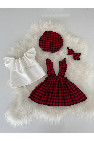 Moda Lina Gingham Pattern Salopet Hat Bandana White Blouse Set