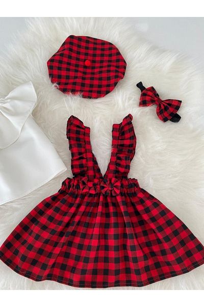 Moda Lina Gingham Pattern Salopet Hat Bandana White Blouse Set