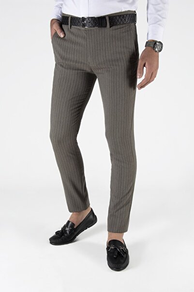 Terapi Men Erkek Slim Fit Dik Çizgili Italyan Kesim Keten Pantolon 21k-2200420-2 Kahve