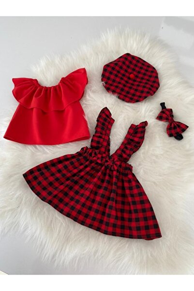 Moda Lina Red Gingham Patterned Salopet, Hat and Bandana Set