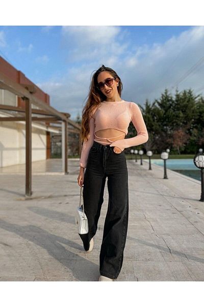 Trn JNS Pantaloni negri din lycra cu talie înaltă pentru femei Livik - picior lat