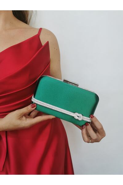 NAZART Жіноча атласна сумочка з камінням зеленого кольору для вечірнього вбрання