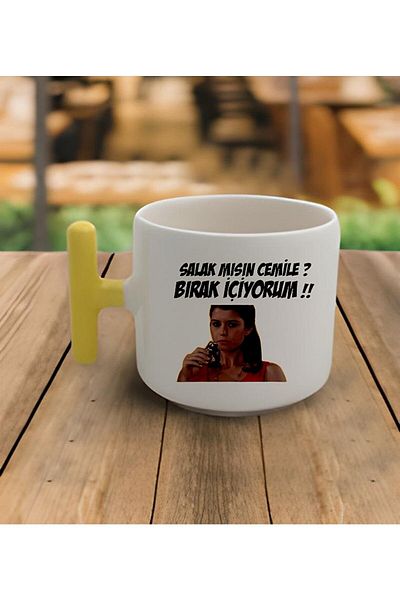 RHG Art Double Turkish Coffee Cup Latte Aşkı Memnu Bihter Motto Yellow Handle Mug 200 ml