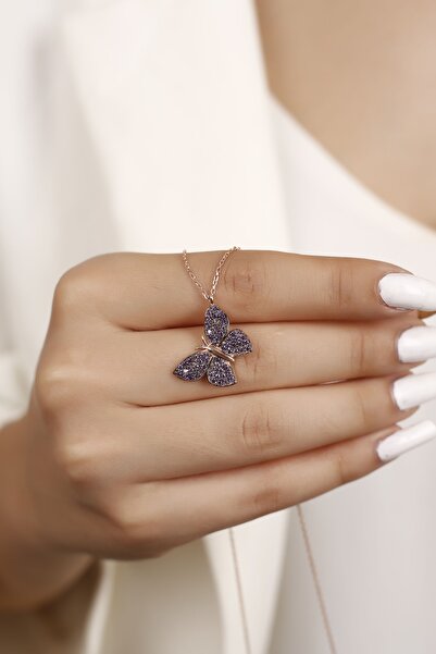 SARIASLAN Kadın 925 Ayar Ametist Taşlı Kelebek Gümüş Kolye