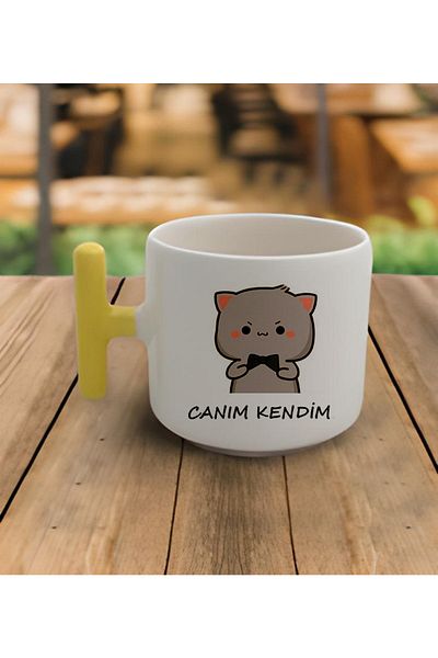 GünayStore Latte & Espresso Handmade Mochi Cat Motto Yellow T Handle Mug 200 Ml