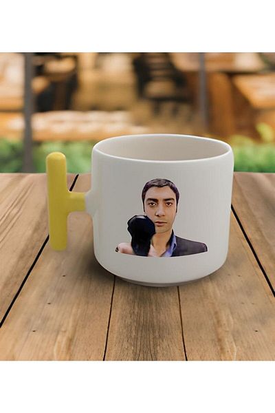 GünayStore Double Turkish Coffee Cup & Espresso Kurtlar Vadisi Polat Yellow Handle Mug 200 ml