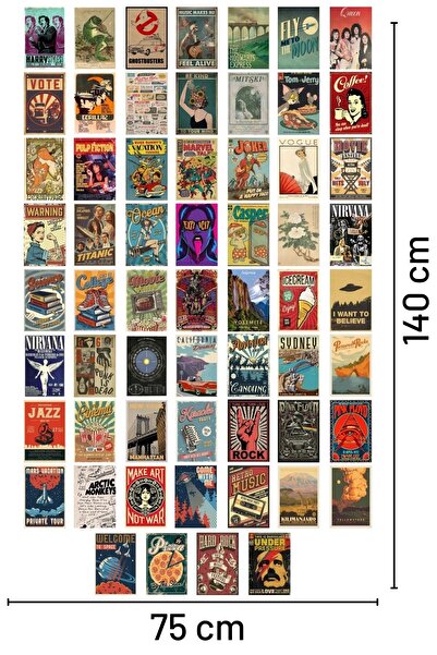 Postifull Retro Poster Seti - Kolaj Seti - Oda Dekoru - Duvar Posteri - Yapışkanlı - Duvar Dekoru - 60 Adet