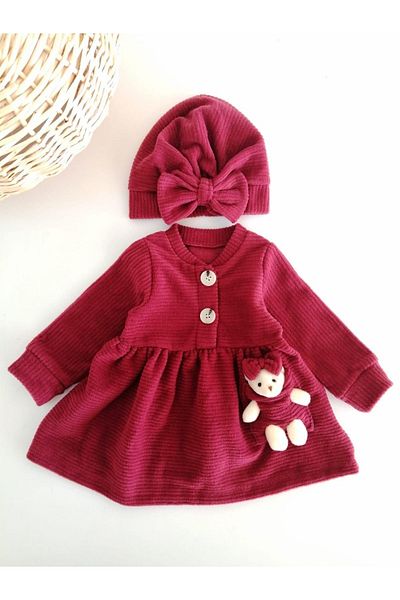 aryakids Baby Girl Wooden Buttoned Teddy Bear Bonnet Winter Dress Red