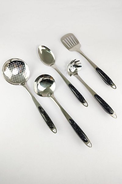 Digithome Large Size 5 Piece Steel Serving Set with Marble Handle Black C320.025