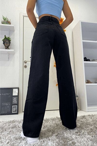 Trn JNS Black Wide Leg Effect Zippered Super High Waist Jeans Loose Denim Trousers