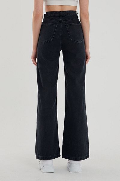 Trn JNS Blugi de damă negri cu talie super înaltă cu picioare largi - Pantaloni din denim cu picioare largi din lycra