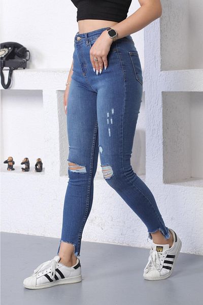 SHEVEGA Blue Lycra picior genunchi tăiat cu picior blugi skinny blugi rupți cu laser (strâns)