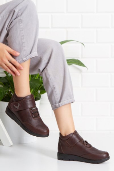Prestij Genuine Leather Velcro Brown Women's Boots