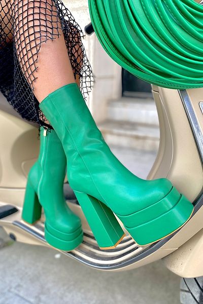 SHOEBELLAS Πράσινες δερμάτινες μπότες με τακούνι διπλής πλατφόρμας