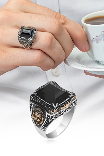 ALYANSEVİM Aslan Başı Motifli Siyah Taşlı 925 Gümüş Erkek Yüzük