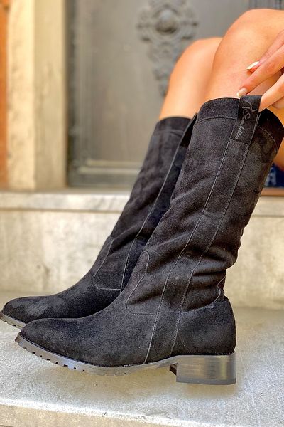 SHOEBELLAS Linda Black Suede Γυναικείες μπότες με τακούνι