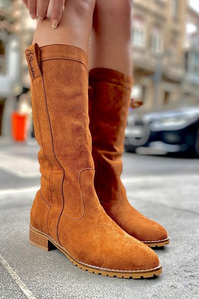 SHOEBELLAS Дамски велурени ботуши на ток Linda Tan