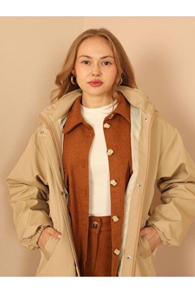 Kaktüs Kadın Uzun Trençkot Bondig Kumaş Kaplamalı Kol, Kapşonlu Yağmurluk 23k016
