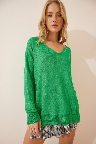 Happiness İstanbul Women's Green V-Neck Mercerized Sweater BV00007