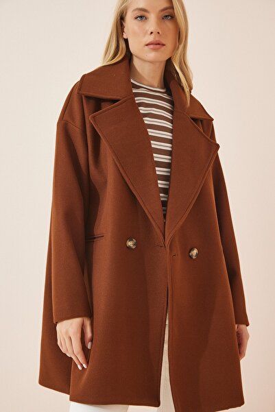 Happiness İstanbul Dámský hnědý oversize kabát na obočí OH00028
