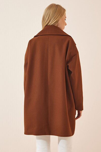 Happiness İstanbul Dámský hnědý oversize kabát na obočí OH00028