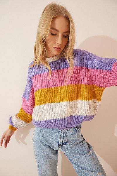 Happiness İstanbul Lila-rosa gestreifter Strickpullover mit Ballonärmeln für Damen BV00002