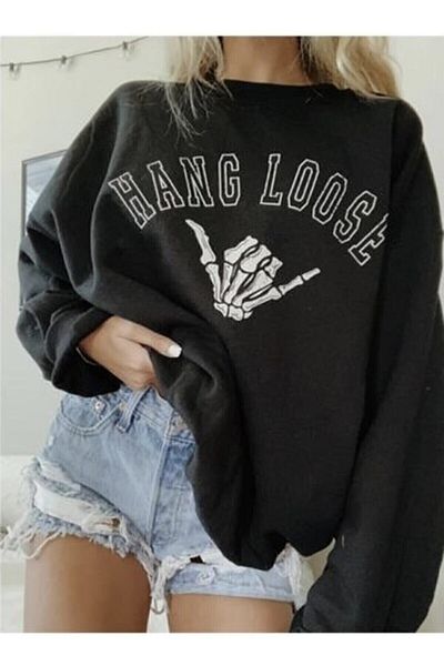 My Blog Black Hang Loose Printed Oversize Sweatshirt