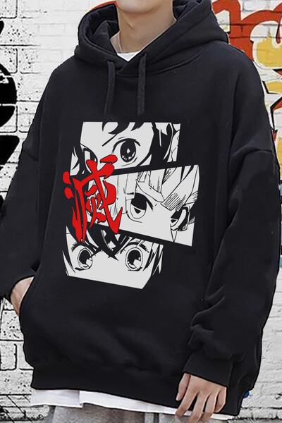 Freak Tshirt Black Color Demon Slayer Large Printed Unisex Anime Hooded Hoodie
