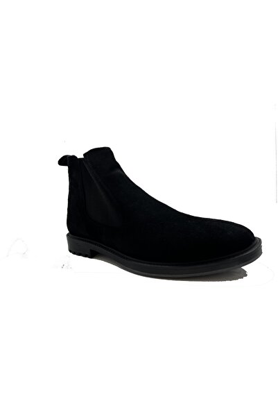 Boots Hakiki Nubuk Deri Siyah Bağcıksız Erkek Chelsea Bot