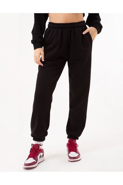 Mottis Γυναικείο μαύρο Basic Soft Jogger Casual Sports Βαμβακερό παντελόνι με ελαστικό πόδι