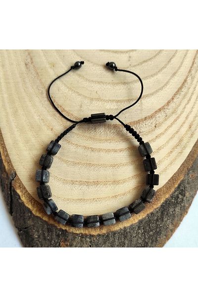 ByKolyeucum Cube Cut Dark Gray Jasper Stone Natural Stone Knitted Macrame Bracelet