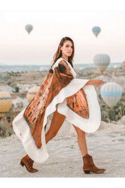 Nomads Felt İpek Keçe Panço | Beyaz Gustav Klimt The Kiss | Nomads Felt