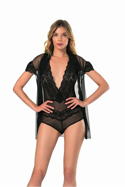 FEMME LİNGERİE Black Tulle Dressing Gown Transparent Swimsuit Set