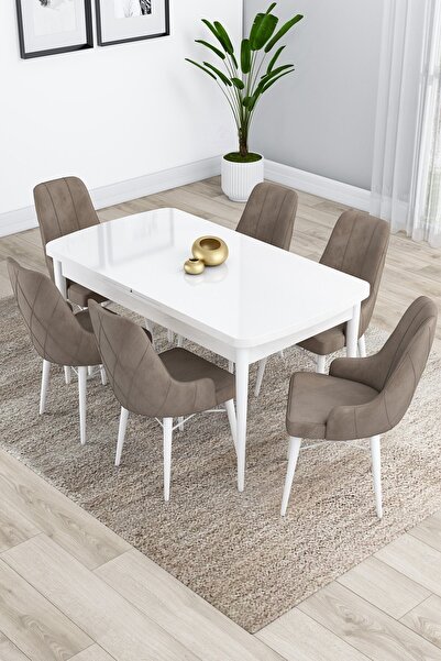 Canisa Lia Serisi, 80x132 Açılabilir Mutfak Masa Takımı Beyaz Masa 6 Cappucin...