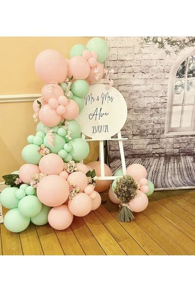 RÖNESANS PARTİ بالونات معكرون وردي وأخضر نعناعي 70 قطعة + سلسلة بالونات 5 متر