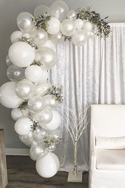 RÖNESANS PARTİ سلسلة زفاف بالون أبيض شفاف معدني باستيل 50 قطعة + سلسلة بالون ...