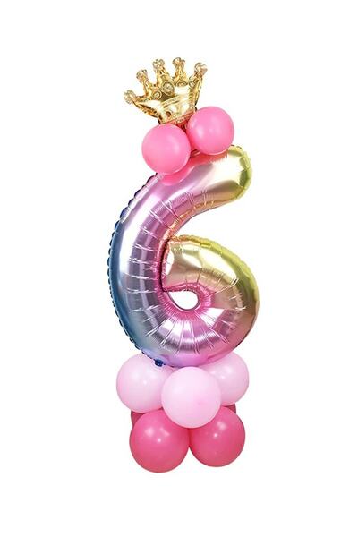 RÖNESANS PARTİ 6 Years Old Rainbow Colors Number Balloon Gold Crowned 6 Numbe...