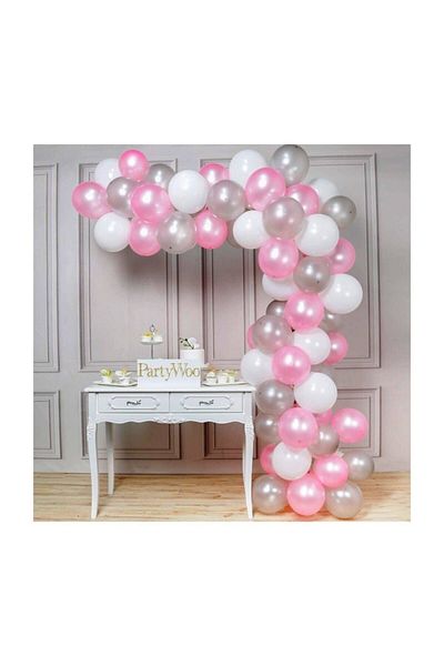 RÖNESANS PARTİ 70 Metallic Balloons and 5 M Balloon Chain (pink - Silver - White - Mixed) Flying Balloon