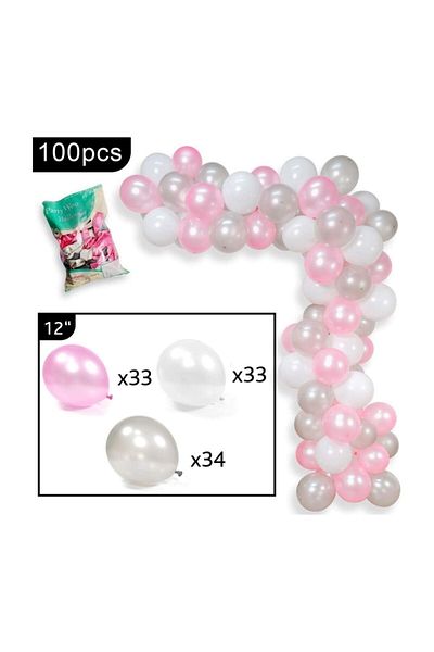 RÖNESANS PARTİ 70 Metallic Balloons and 5 M Balloon Chain (pink - Silver - White - Mixed) Flying Balloon
