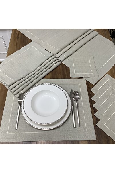OYA home Taş Rengi Amerikan Servis (6)& Kahve Peçetesi (6) & Runner (1) -13 P...